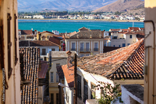 Fototapeta Naklejka Na Ścianę i Meble -  Top view of tiled roofs of Nafplio city, Peloponnese, Greece 