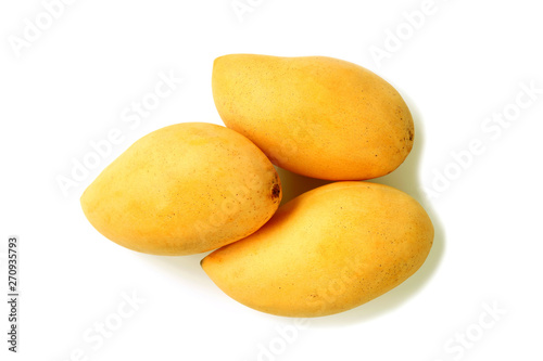 Three Fresh Ripe Mango Whole Fruits Isolated on White Background