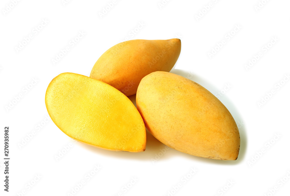 Fresh Ripe Mango Whole Fruits with Cut in Half Isolated on White Background
