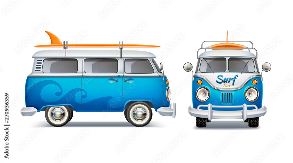 Realistic Retro Bus With Surfboard Summertime Poster With Vintage Van Beach Party Poster Vector Design Blue 3d Vehicle For Travel And Surfing Classic Wagon Car For Summer Holiday Stock ベクター Adobe