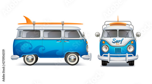 Realistic retro bus with surfboard. Summertime poster with vintage van, beach party poster vector design. Blue 3d vehicle for travel and surfing. Classic wagon car for summer holiday photo