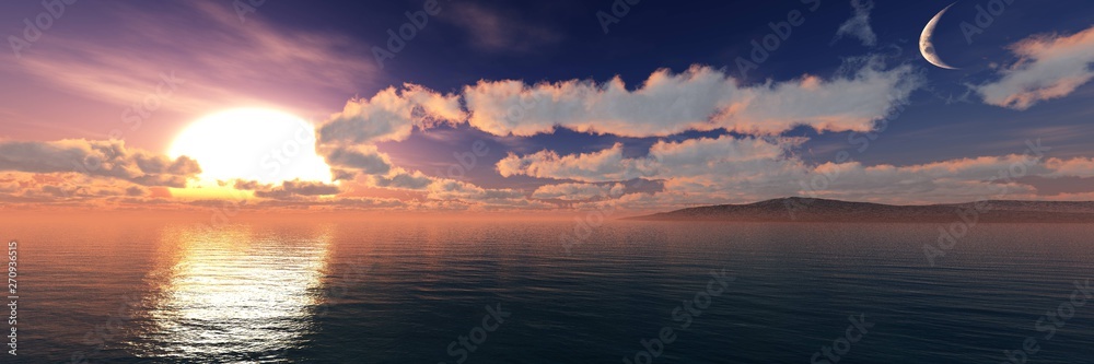 Panorama of the ocean sunset, sunrise at sea, light above the water, 3D rendering