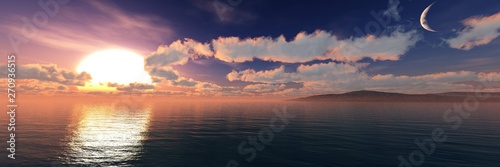 Panorama of the ocean sunset, sunrise at sea, light above the water, 3D rendering © ustas