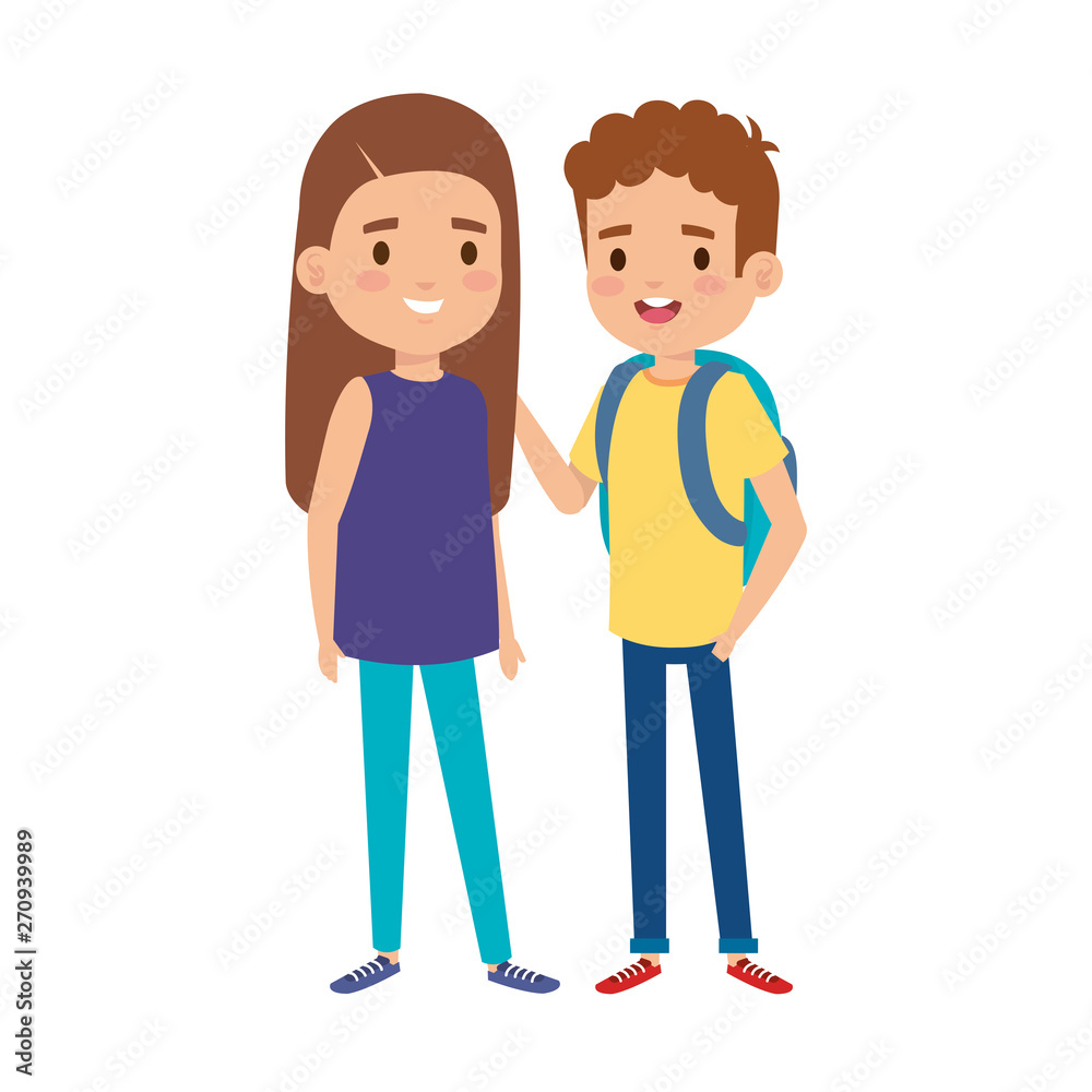 cute little kids couple with school bag characters