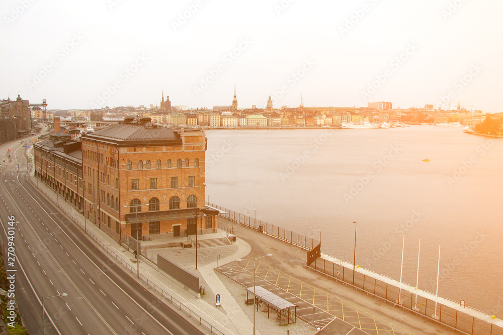 Top view of the road, city and water in Stockholm city, Sweden.