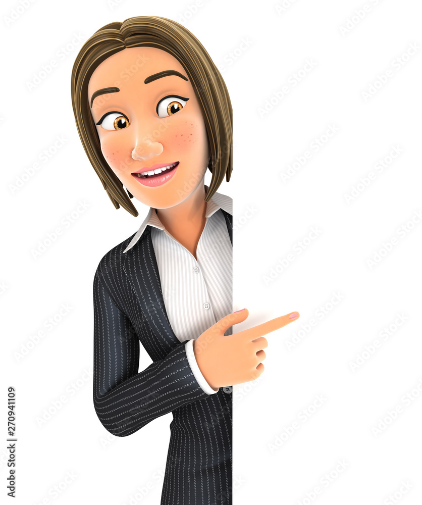 3d business woman pointing to right blank wall 3d business woman pointing to right blank wall