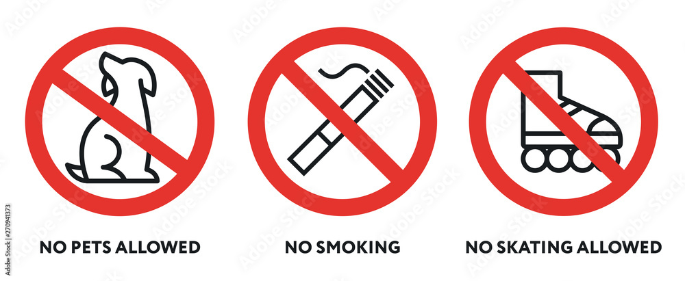 Prohibition Signs. No Pets, Smoking, Skating Allowed. Dog, Cigarette, Rollers. Prohibition Signs. No Pets, Smoking, Skating Allowed. Dog, Cigarette, Rollers.