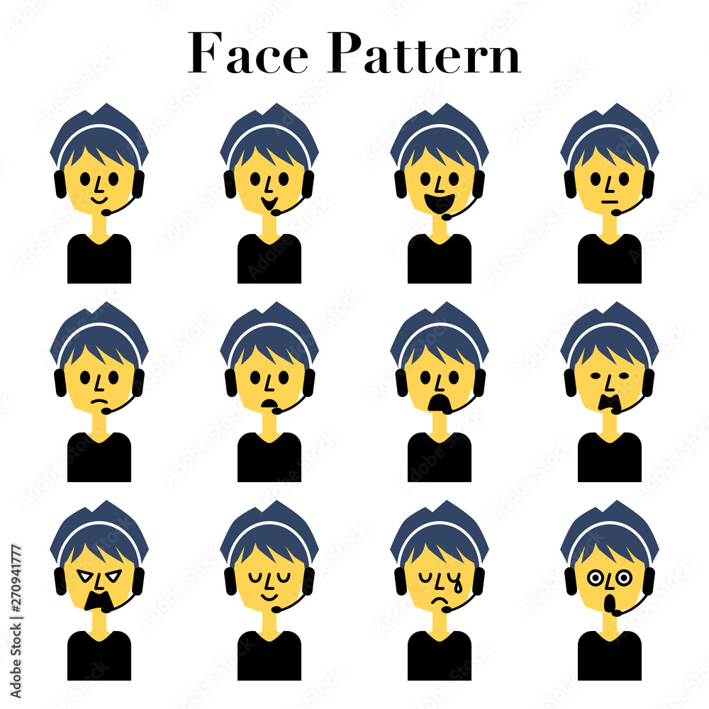 ミディアムヘアの男性コールセンタースタッフのシンプルでかわいい顔の表情12パターンのイラストセット Stock Vector Adobe Stock