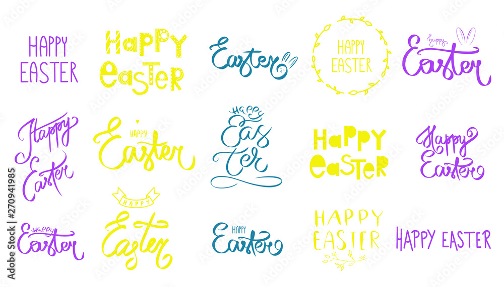 Sketch Happy Easter day card. Colorful Big Set easter icon, frames. Elegant holiday sign logo isolated white background. Vector illustration in violet, green, yellow, purple colors. Sketch Happy Easter day card. Colorful Big Set easter icon, frames. Elegant holiday sign logo isolated white background. Vector illustration in violet, green, yellow, purple colors.