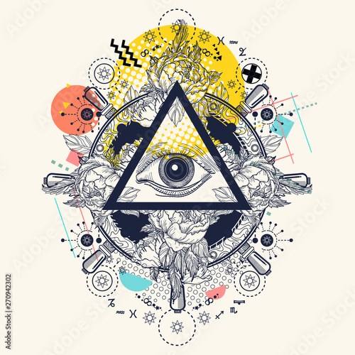 All seeing eye pyramid. Zine culture style. Hand drawn vector art, fashion contemporary collage. Freemason and spiritual symbols. Alchemy, medieval religion, occultism, spirituality and esoteric