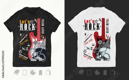 Rock music. Electro guitar and skull. Let's Rock slogan. Modern musical print for t-shirts and another, trendy apparel design