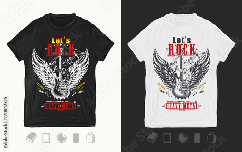 Guitar and wings. Let's Rock slogan. Print for t-shirts and another, trendy apparel design