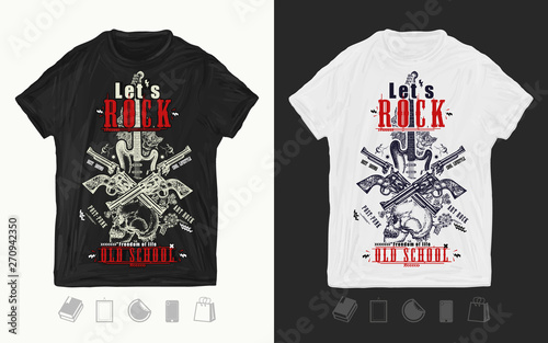 Skull, guitar and crossed guns. Let's Rock slogan. Musical print for t-shirts and another, trendy apparel design