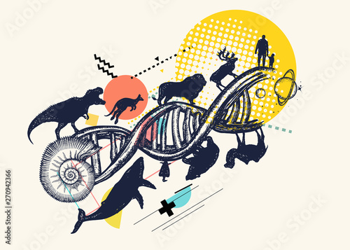 DNA concept. Evolution scale from unicellular organism to mammals. Zine culture style. Symbol of science, education, medicine