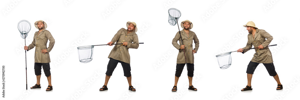 Man hunting for butterflies isolated on white
