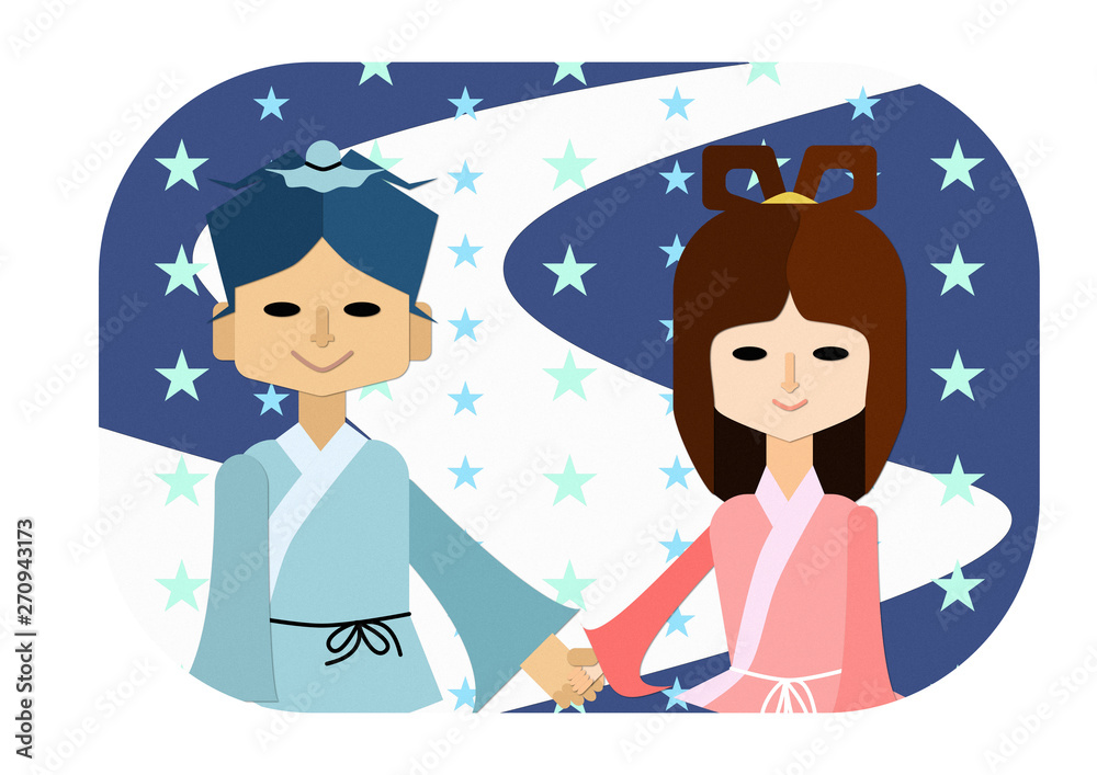織姫と彦星が天の川で手をつないでいる七夕のイラスト Stock Vector Adobe Stock