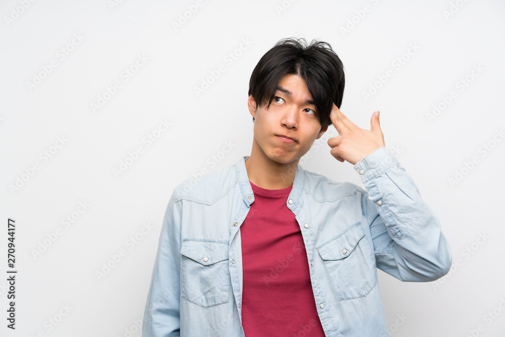 Asian man on isolated white background with problems making suicide gesture Asian man on isolated white background with problems making suicide gesture