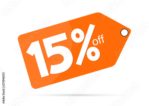Sale 15% off tag, discount banner design template, vector illustration