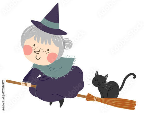 Witch Senior Cat Broom Illustration