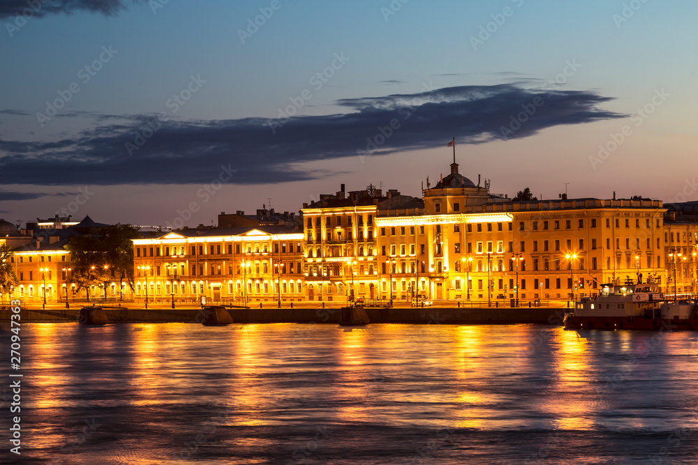 The Lieutenant Schmidt embankment during the white nights, the Neva river, Saint Petersburg, Russia