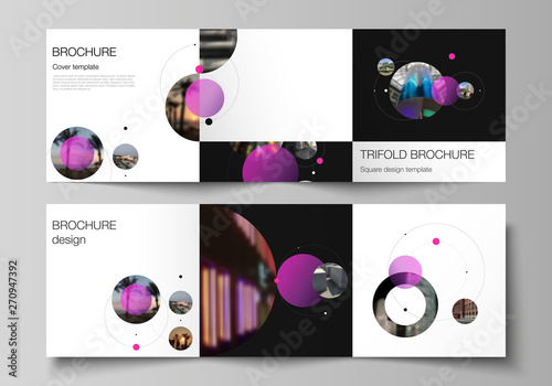 Vector layout of square format covers design templates for trifold brochure, flyer. Simple design futuristic concept. Creative background with pink circles and round shapes that form planets and stars