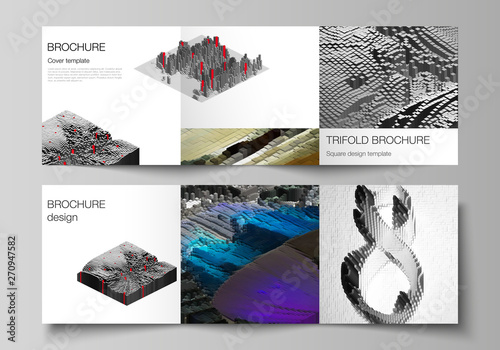 Vector layout of square format covers design templates for trifold brochure, flyer, magazine. Big data. Dynamic geometric background. Cubes pattern design with motion effect. 3d technology style.