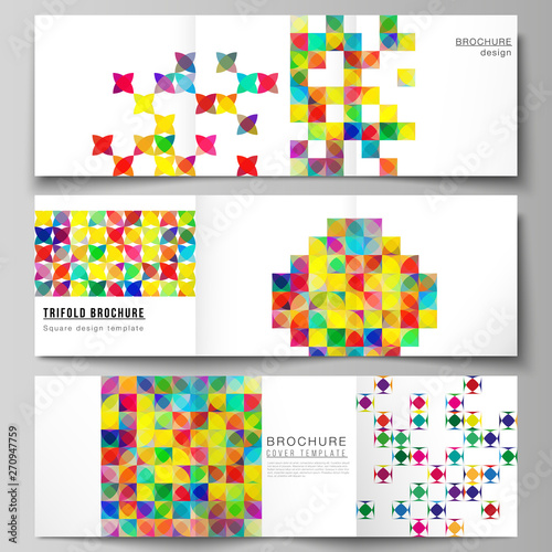 The minimal vector layout of square format covers design templates for trifold brochure, flyer, magazine. Abstract background, geometric mosaic pattern with bright circles, geometric shapes design.