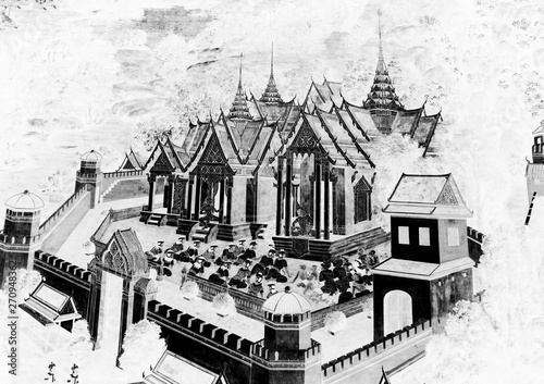 Bangkok Thailand-June 1, 2019 The Ramakien (Ramayana) mural paintings color black white and on white isolated wall along the galleries wallpaper and art background at grand palace Bangkok