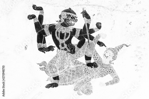 Photography Bangkok Thailand-June 1, 2019 The Ramakien (Ramayana) mural paintings color blac