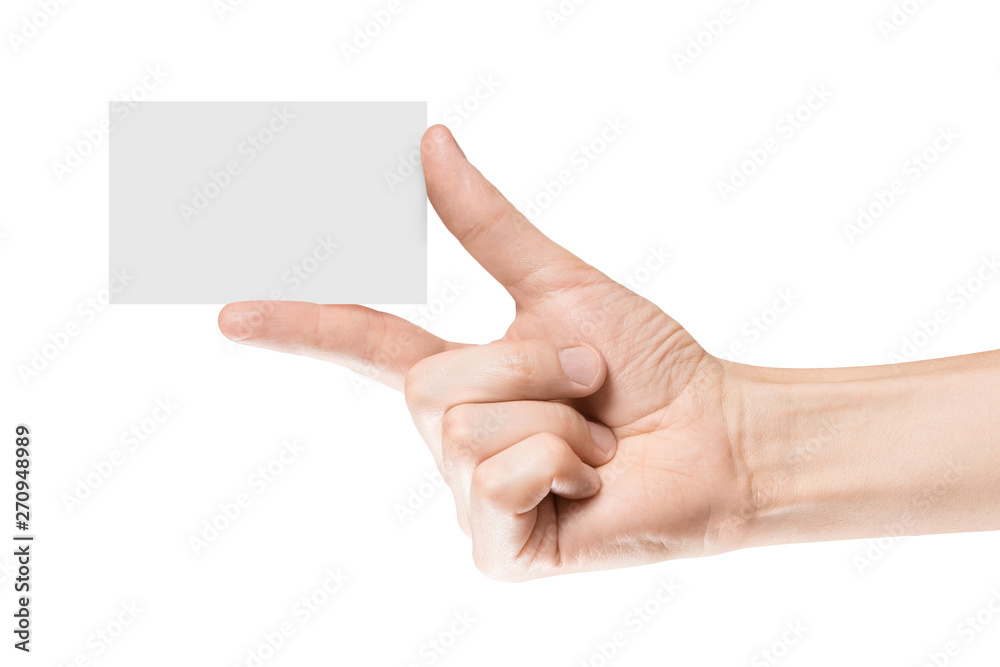 Hand holding a blank card or a ticket/flyer, isolated on white background Hand holding a blank card or a ticket/flyer, isolated on white background