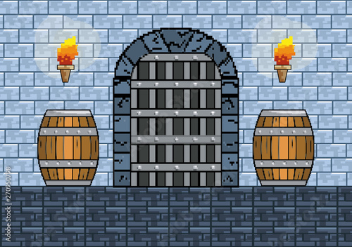 Arcade game world and pixel scene design  vector illustration