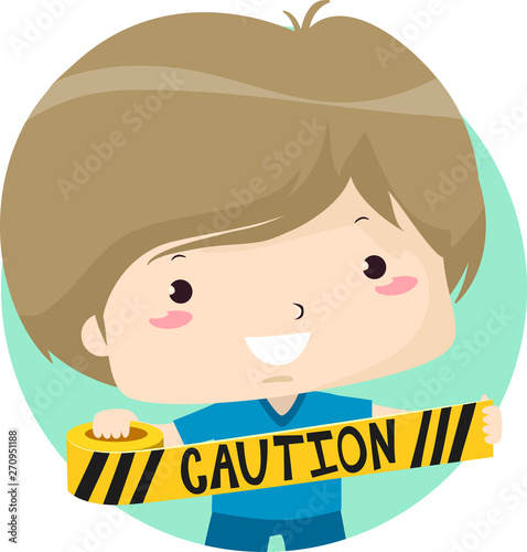 Kid Boy Hold Caution Tape Illustration