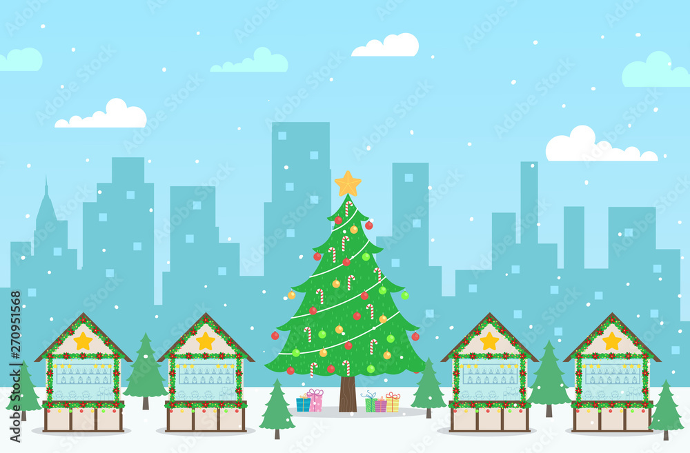 Christmas Market City Buildings Illustration
