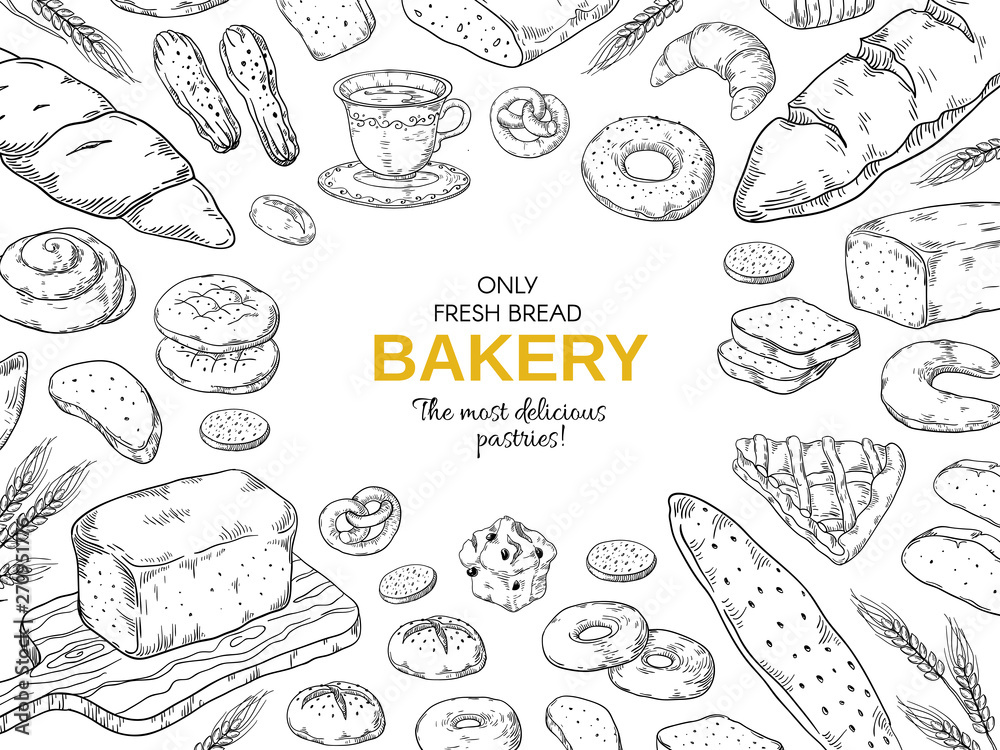 Bakery frame. Hand drawn bread and cookies banner for menu, sweet pies and cakes doodle design template. Vector vintage bakery set