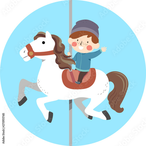 Kid Boy Ride Carousel Illus...