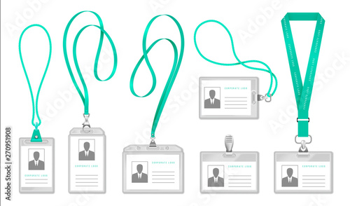 Lanyard ID card. Office access identification card holder with neck rope, exhibitor badge design. Vector realistic conference label pass photo