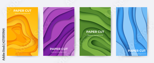 Paper cut posters. Abstract 3D layer background with origami shapes, minimal color paper cutout flyers. Vector liquid colourful technology brochures design