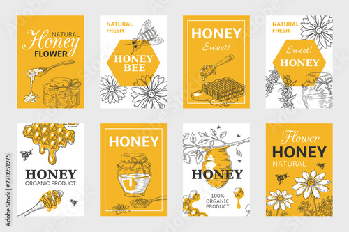 Honey sketch poster. Honeycomb and bees flyer set, organic food design, beehive, jar and flowers layout. Vector hand drawn image natural elements beeswax