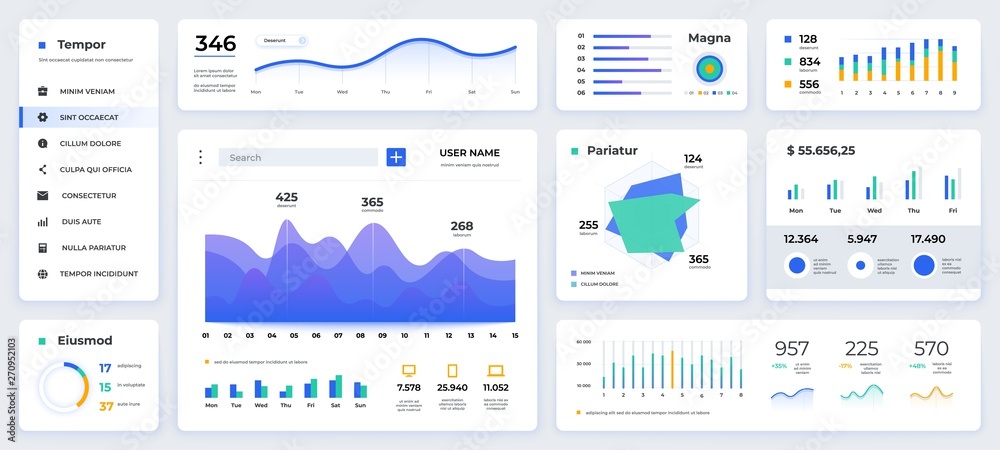 Dashboard UI. Modern presentation with data graphs and HUD diagrams