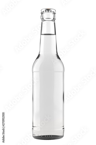 Clear white glass bottle Long Neck with a clear liquid. 12oz (11 oz) or 355 ml (330 ml) volume. Isolated 3D render on a white.