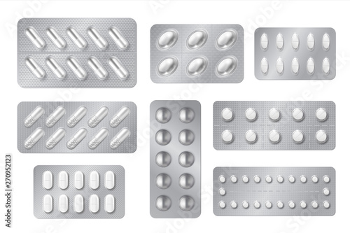 Realistic blisters. Medicine pill and capsule packs, white 3D drugs and vitamins isolated mockup. Vector pharmacy packaging tablet set