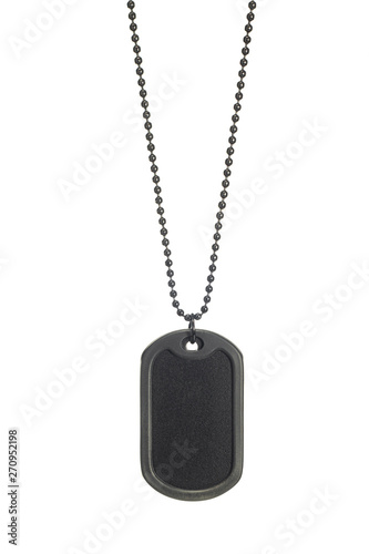 Rubber edge black military dog tag hanging with necklace isolated on white background