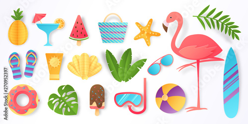 Paper cut summer elements. Trendy tropical leaves pink flamingo and beach stickers. Vector sun ice cream ball vacation travel icons flat illustration