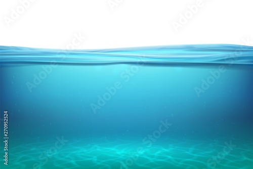 Lake underwater surfaces. Relax blue horizon background under surface sea, clean natural view bottom pool with sun rays. Vector illustration ocean photo