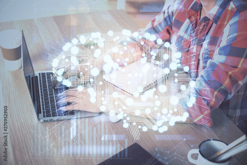 Man typing on keyboard background with brain hologram. Concept of big Data. Man typing on keyboard background with brain hologram. Concept of big Data.