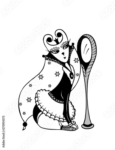 Gorgeous lady cat princess looks in the mirror. Vector. isolate