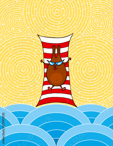 bunny or rabbit in sunglasses sunbathes in the summer on the beach. vector