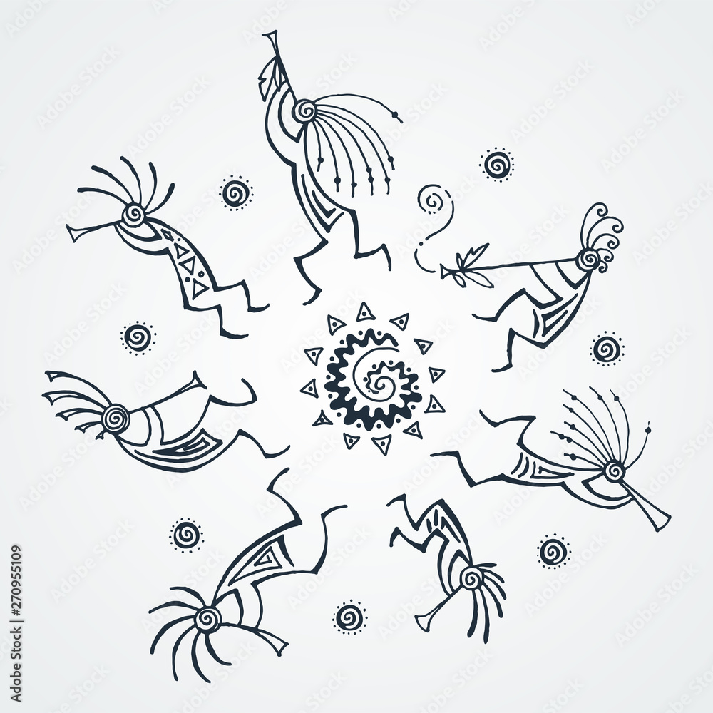 Hand drawn Kokopelli circle. Stylized mythical characters playing flutes. Hand drawn Kokopelli circle. Stylized mythical characters playing flutes.