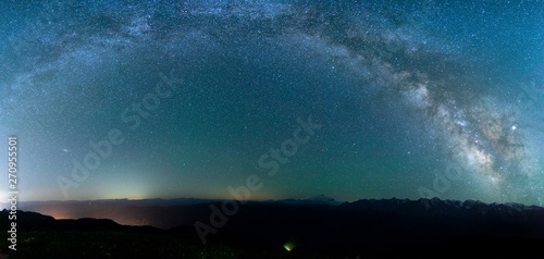 dark night sky with many stars and the milky way over the mountains