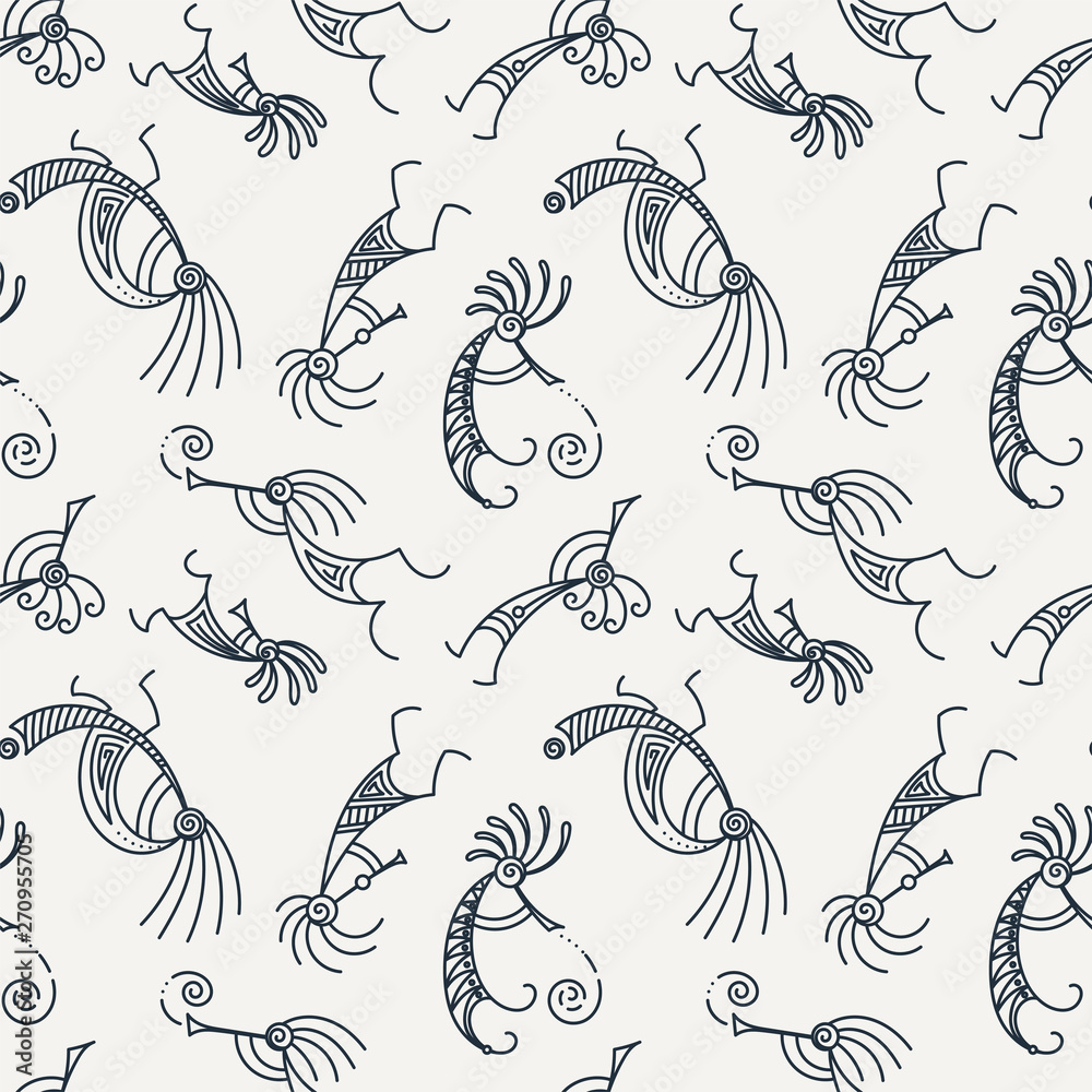 Obraz premium Hand drawn Kokopelli seamless pattern. Stylized mythical characters playing flutes.